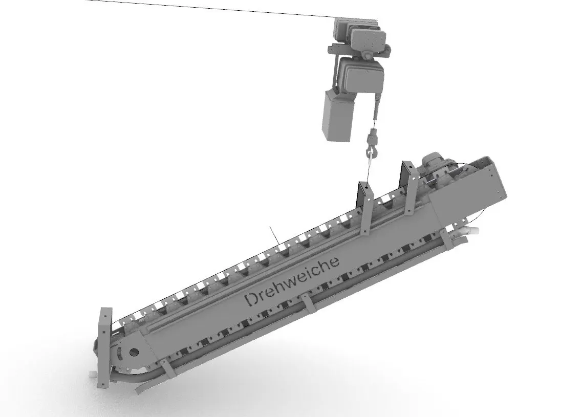CAD-Rendering eines Rohrbahn-Elevators von Drehweiche mit Kettenantrieb und Elektrozug